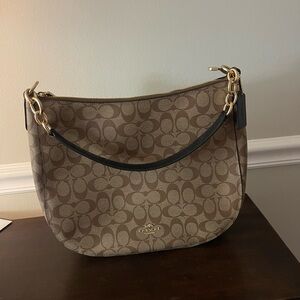 Coach Leather Large Dark Brown Logo with Black and Gold Finishes, Round Purse!